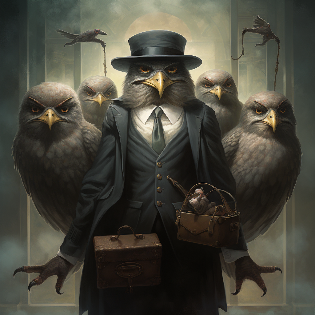 A bird in a suit and hat, representing other birds in a legal looking setting.