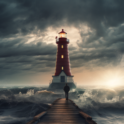 A man walking down a path towards a lighthouse with waves crashing against the path.