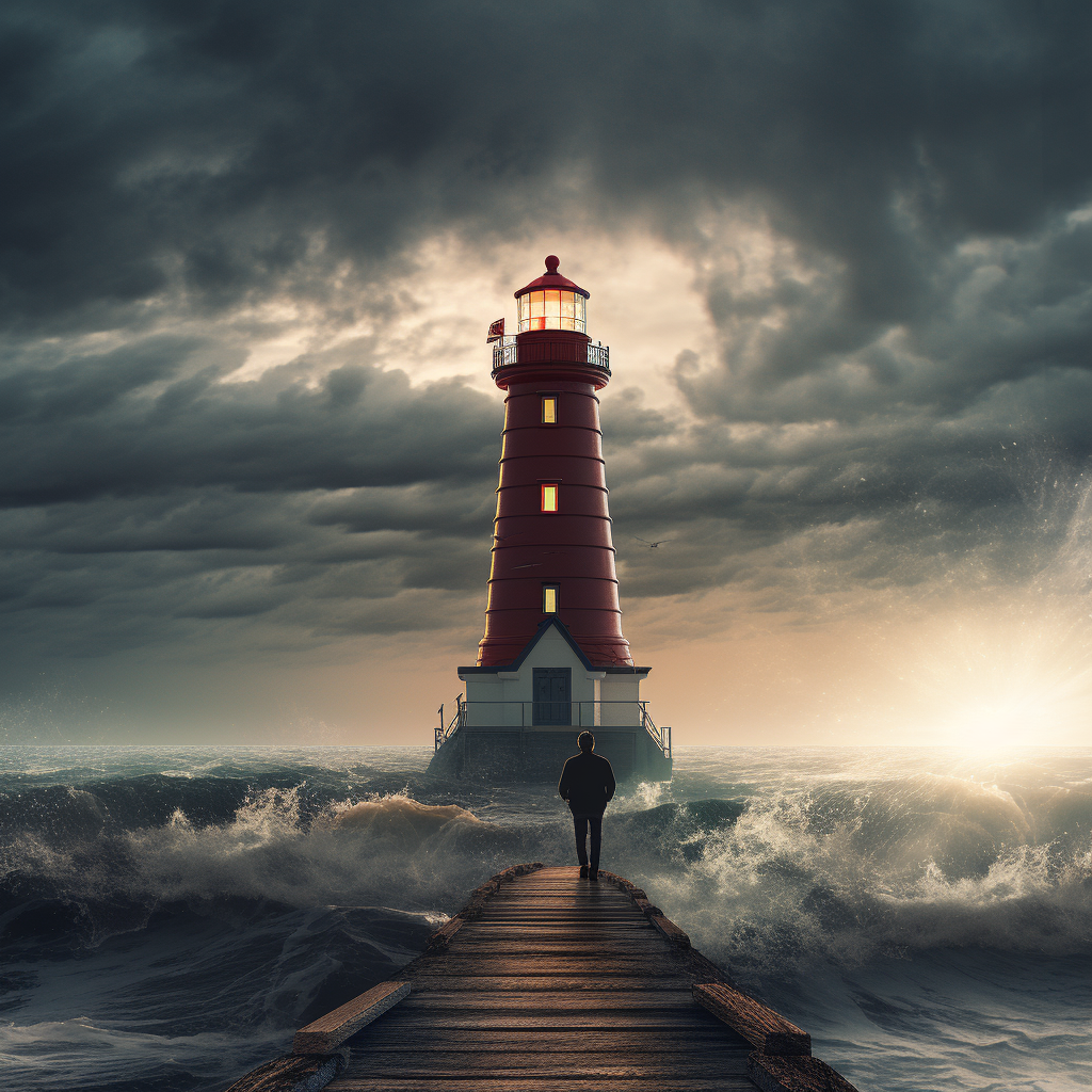 A man walking down a path towards a lighthouse with waves crashing against the path.