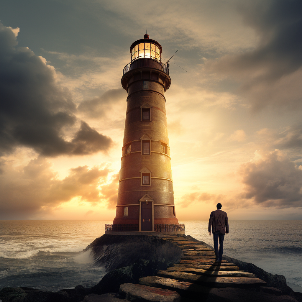 A man walking down a path towards a lighthouse while the sun is setting.