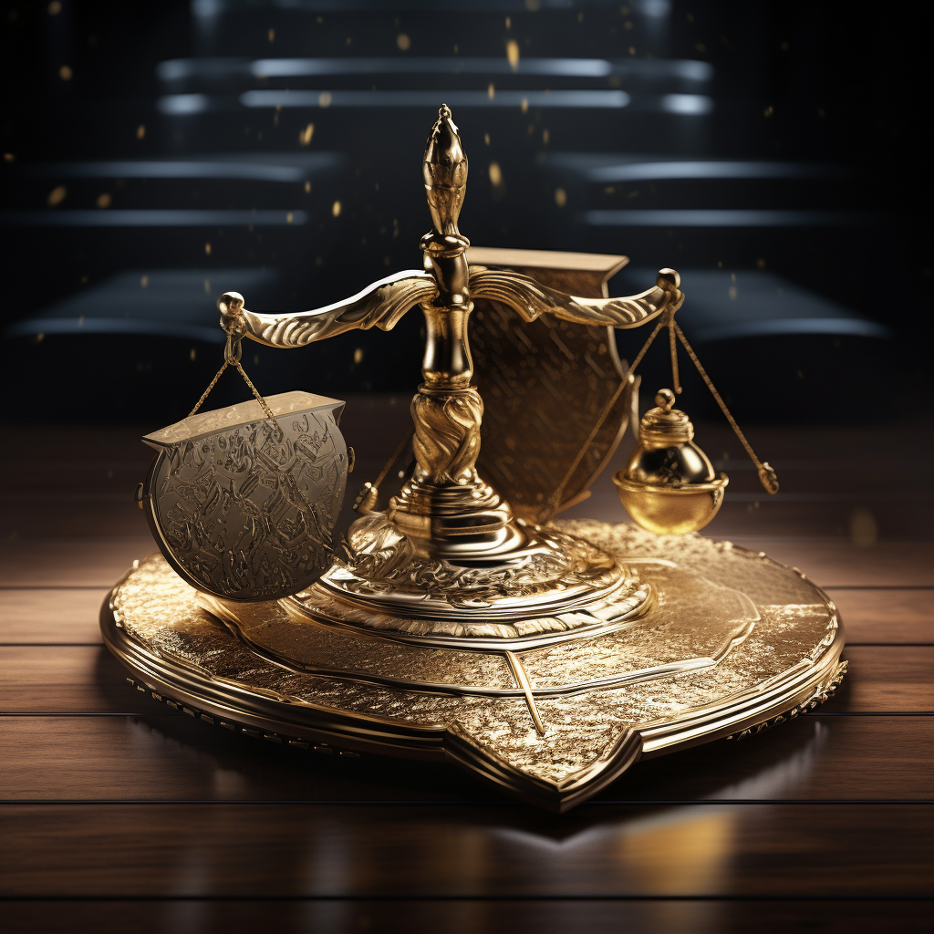Scales of justice with a legal shield on one side.
