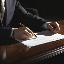 A person's hands signing a document in a legal setting.