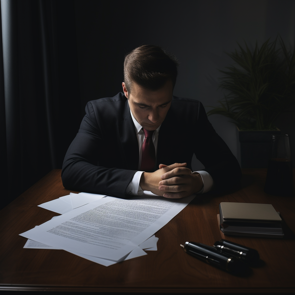 A man praying while reviewing legal documents at a desk.