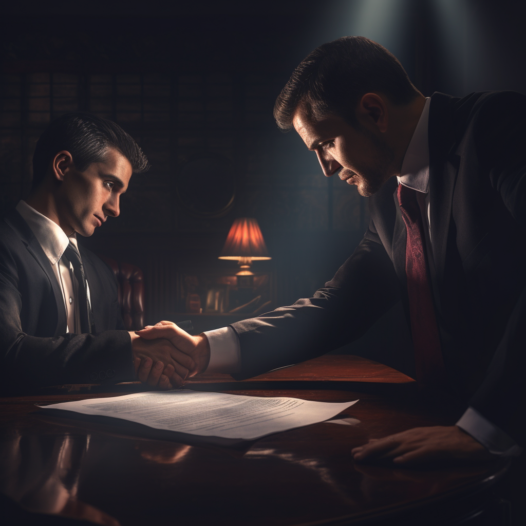 Two men shaking hands looking comforted by the deal they have made.