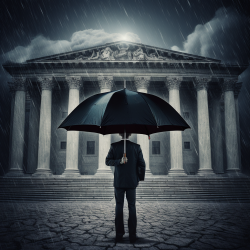 A man in a suit holding an umbrella behind his back, standing in the rain, looking at a classic looking legal building.