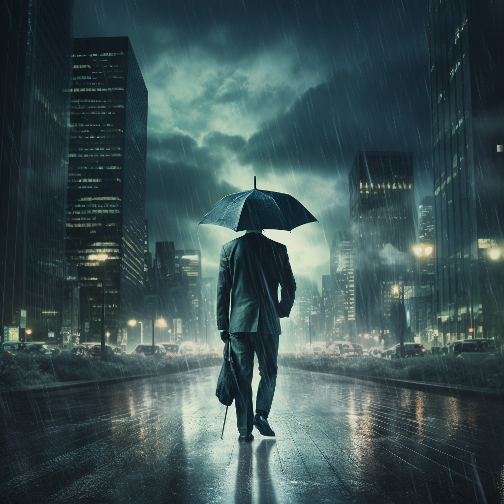 A man in a suit, holding an umbrella, walking down a city street at night while it's raining.