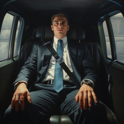 A business man in a suit with a blue tie wearing a seatbelt in a small car.