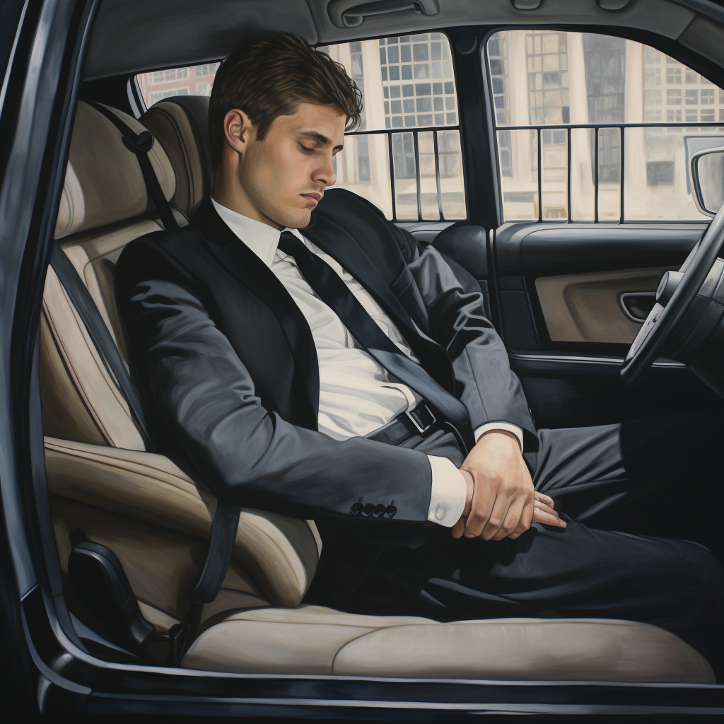 A young man in a business suit exhausted and napping in a car.