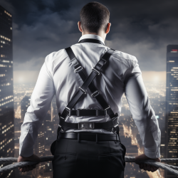 A man overlooking a city with a bunch of straps securing him.