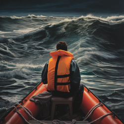 A man in an orange life vest sitting on the bow of a red lifeboat looking out at rough waters.