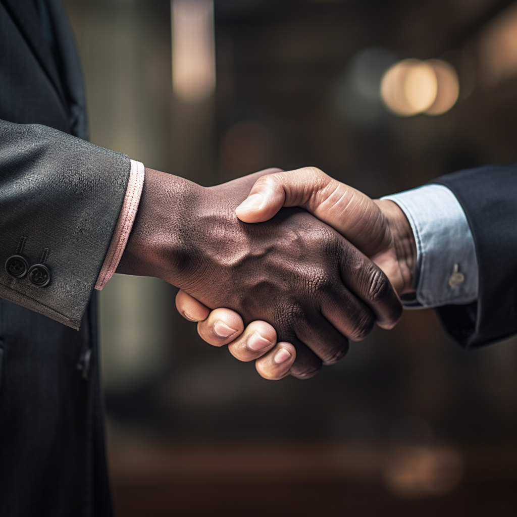 Two hands clasped together, shaking. One black colored hand, one white colored hand.