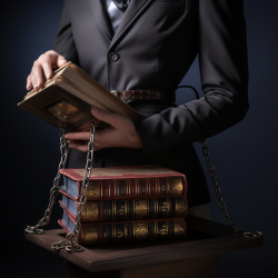 A person in a professional outfit holding legal books chained to a table.
