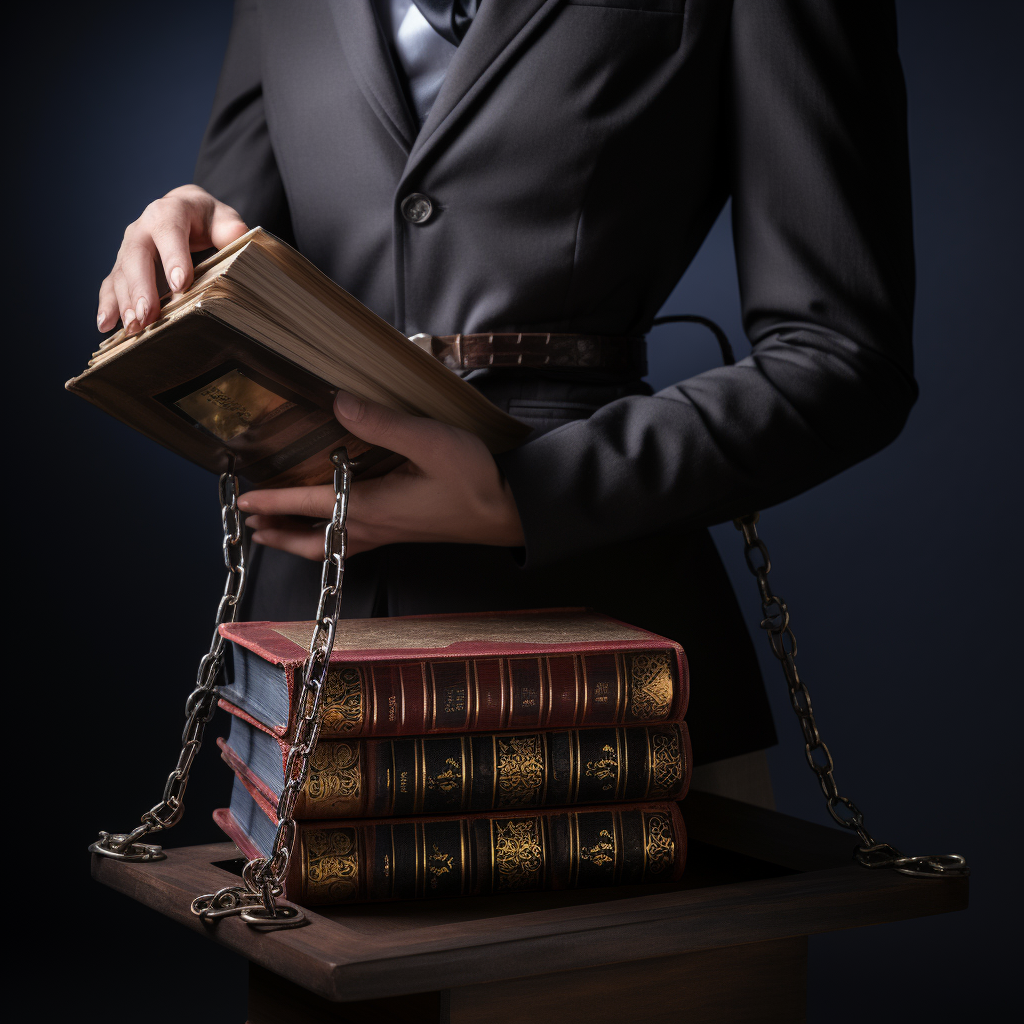 A person in a professional outfit holding legal books chained to a table.