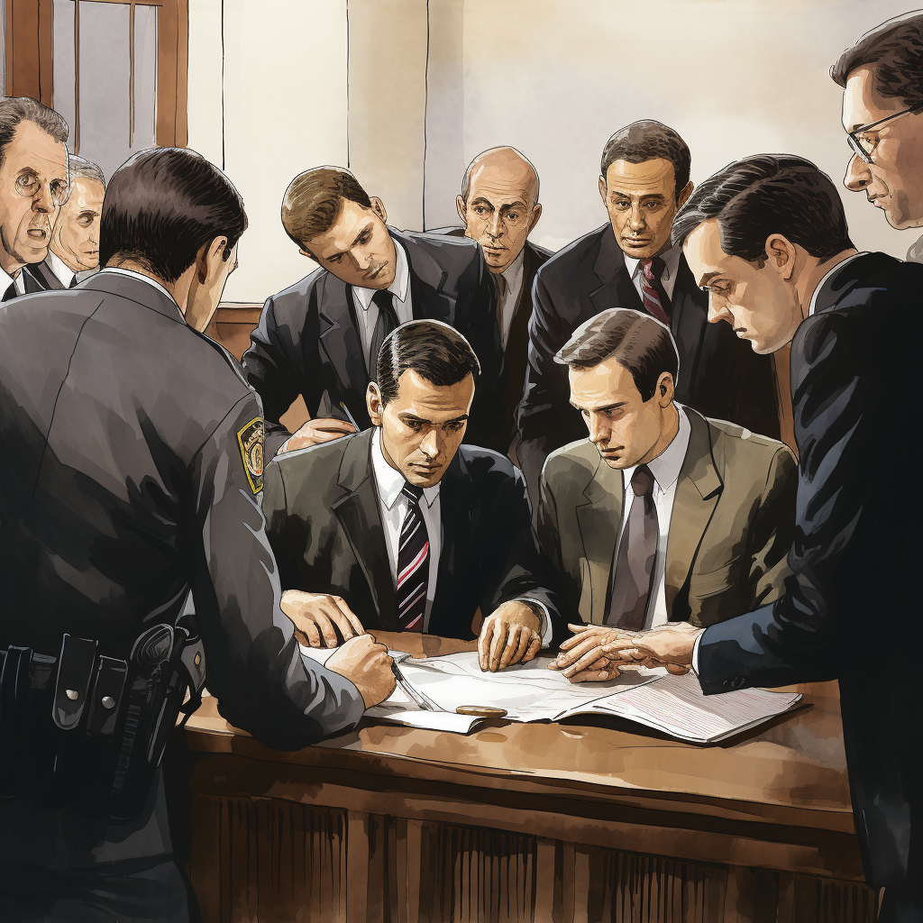 A worried defendant being helped by his legal team while a officer overlooks.