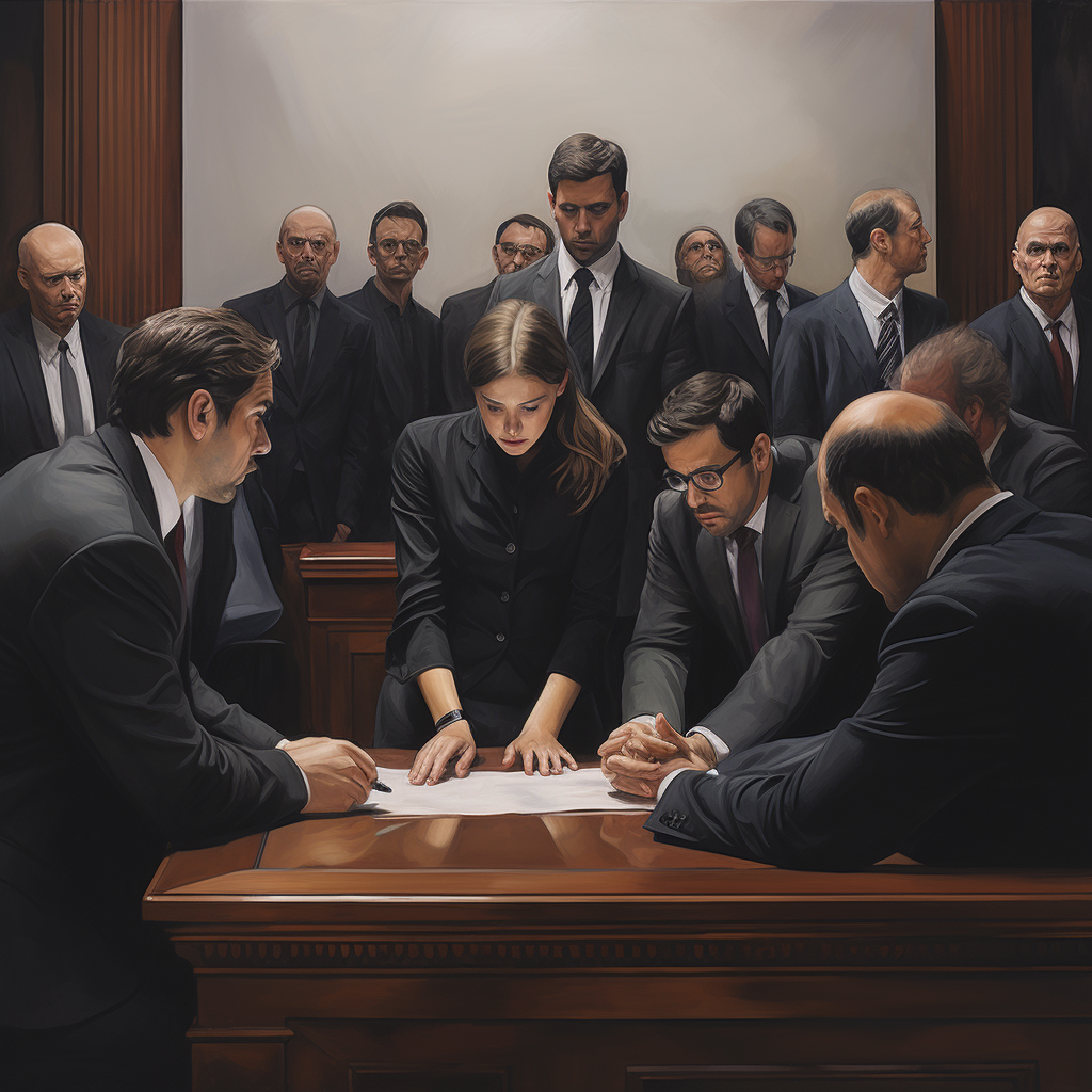 A worried female defendant surrounded by her supportive legal team.