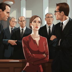 A concerned female defendant in a red dress surrounded by her supportive legal team.