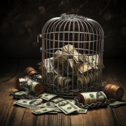A bird cage with cash rolls, coin and chains.