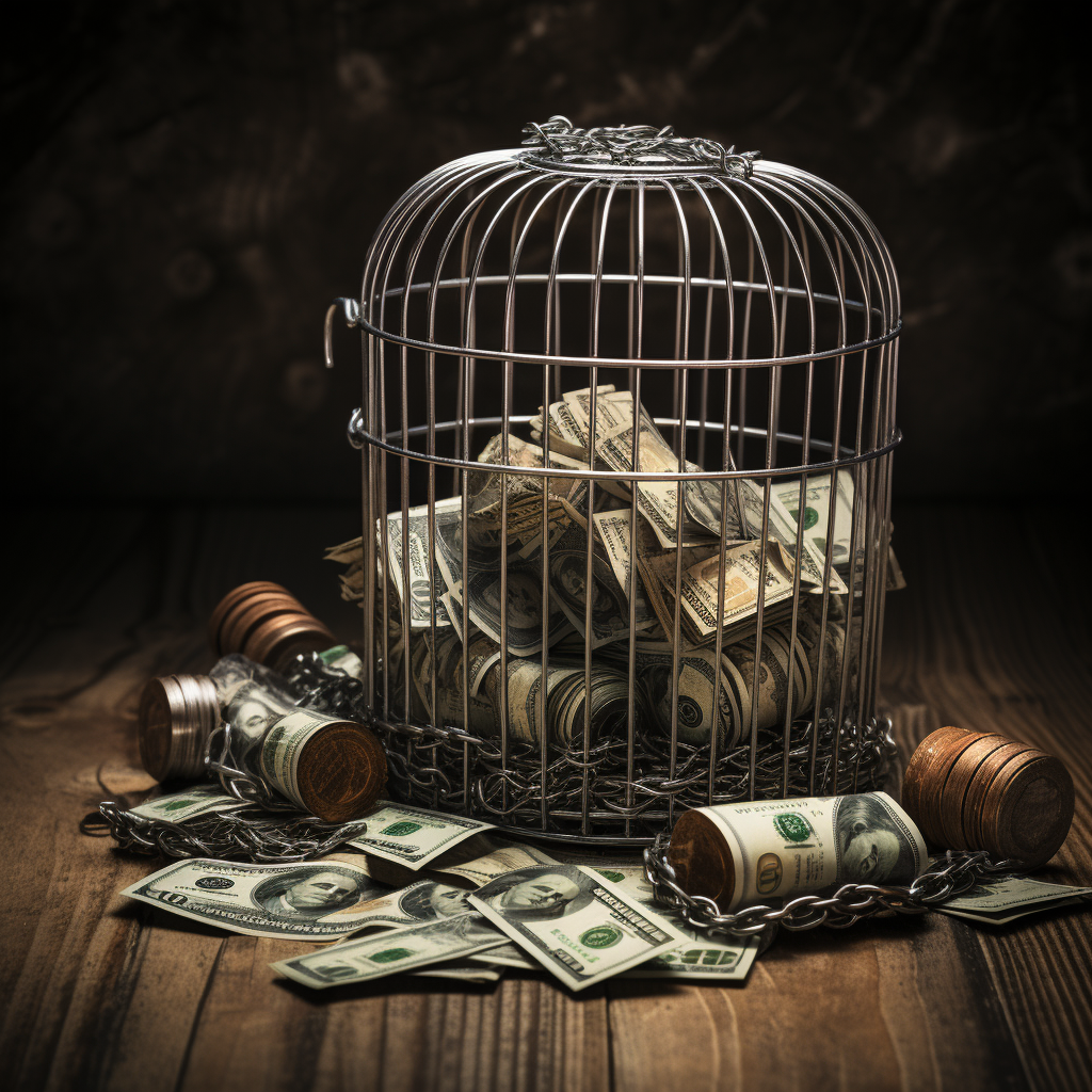 A bird cage with cash rolls, coin and chains.