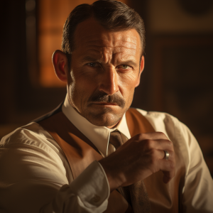 Bail Bonds Select Partner 3. Middle aged married man, with mustache, white collar shirt, brown tie and brown leather dress vest.